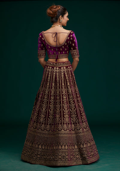 Wine Zariwork Velvet Designer Lehenga - Koskii