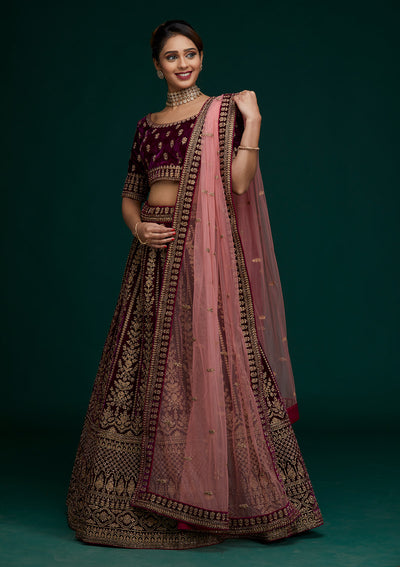 Wine Zariwork Velvet Designer Lehenga - Koskii