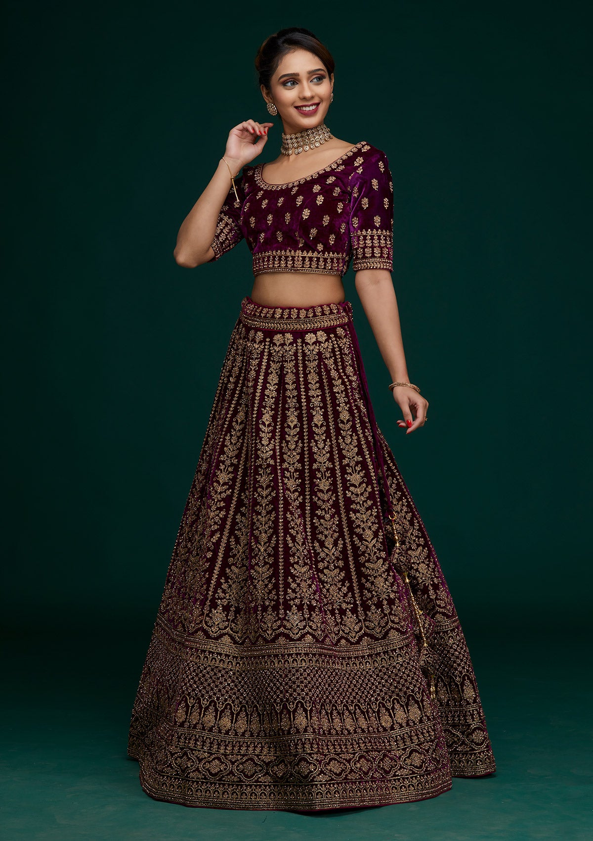Wine Zariwork Velvet Designer Lehenga - Koskii