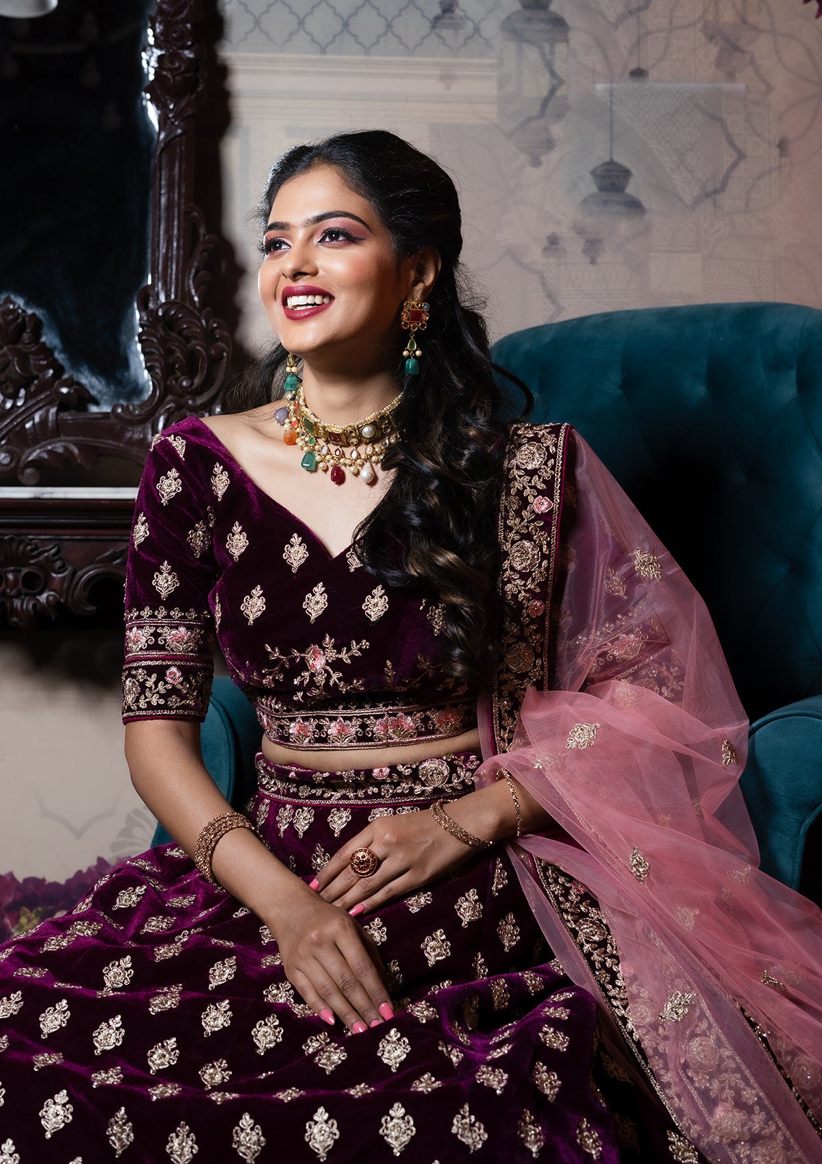 Jewellery with wine lehenga new arrivals