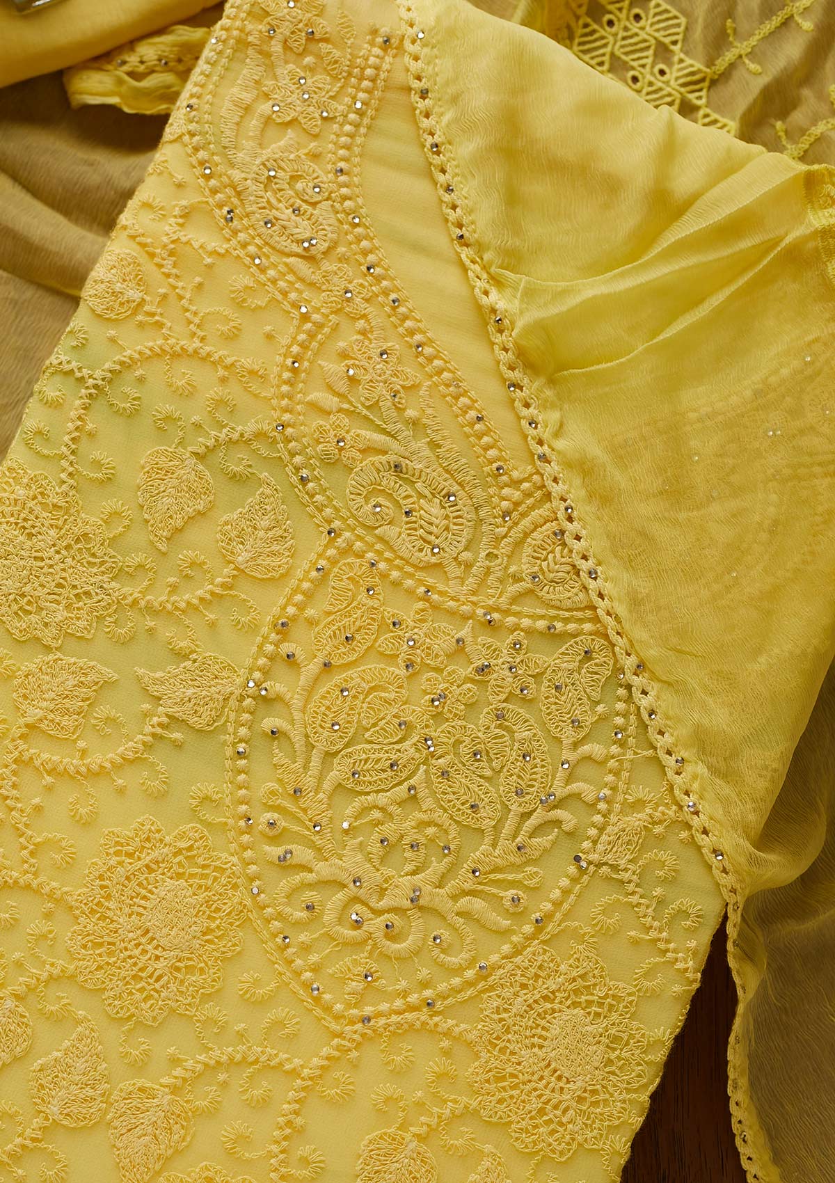Yellow Chikankari Chiffon Designer Unstitched Salwar Suit - koskii