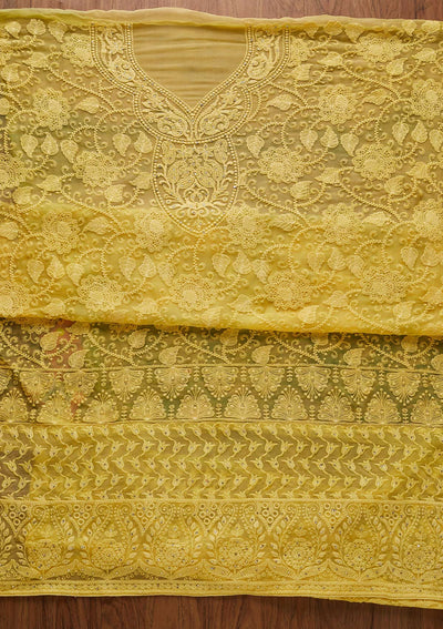 Yellow Chikankari Chiffon Designer Unstitched Salwar Suit - koskii