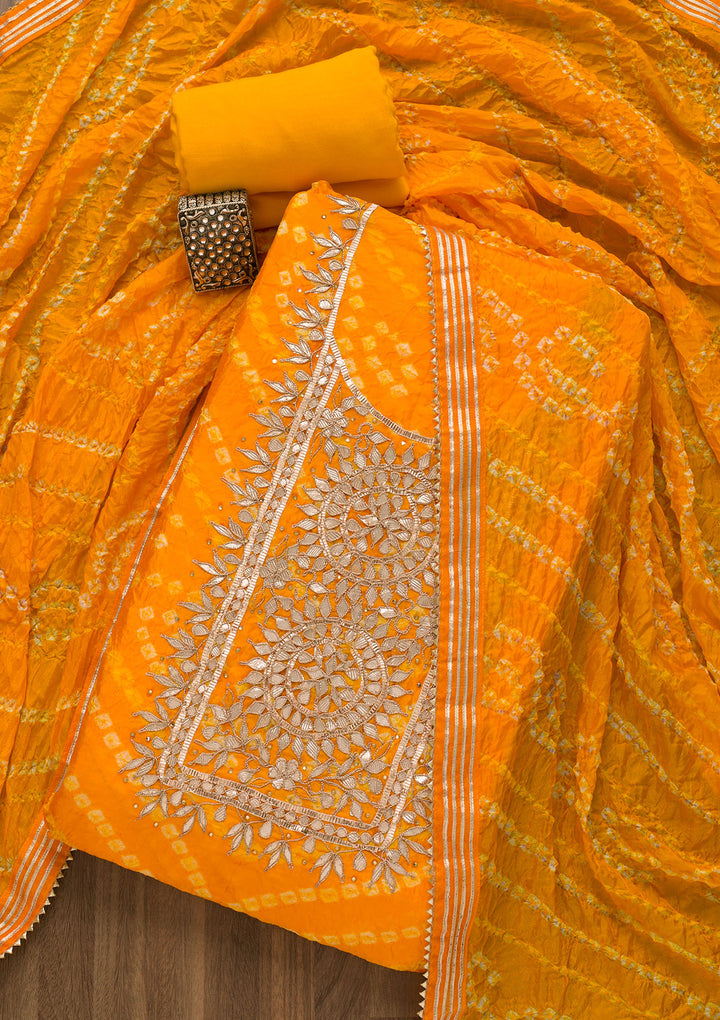 Yellow Bandhani Georgette Unstitched Salwar Suit-Koskii