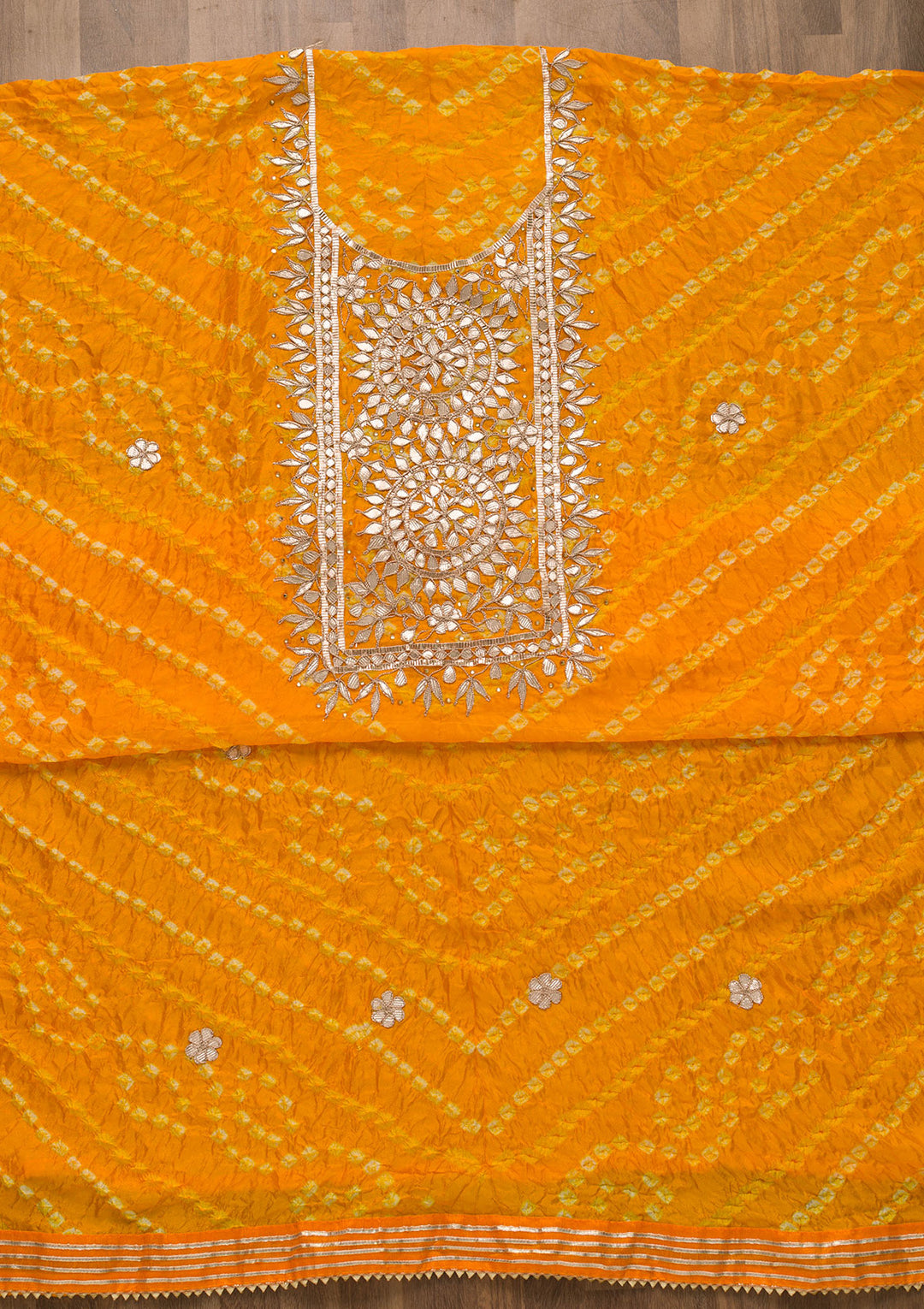 Yellow Bandhani Georgette Unstitched Salwar Suit-Koskii