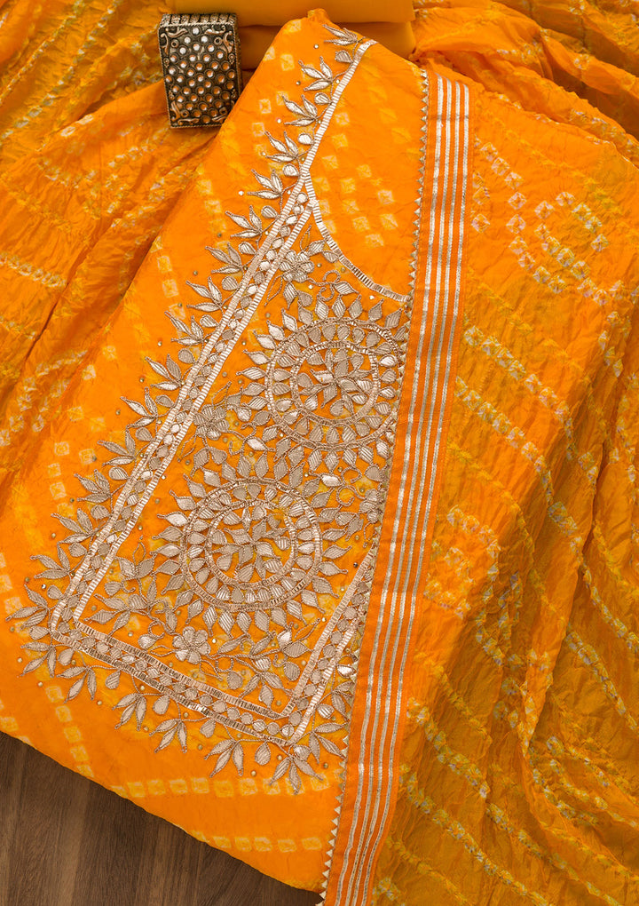Yellow Bandhani Georgette Unstitched Salwar Suit-Koskii