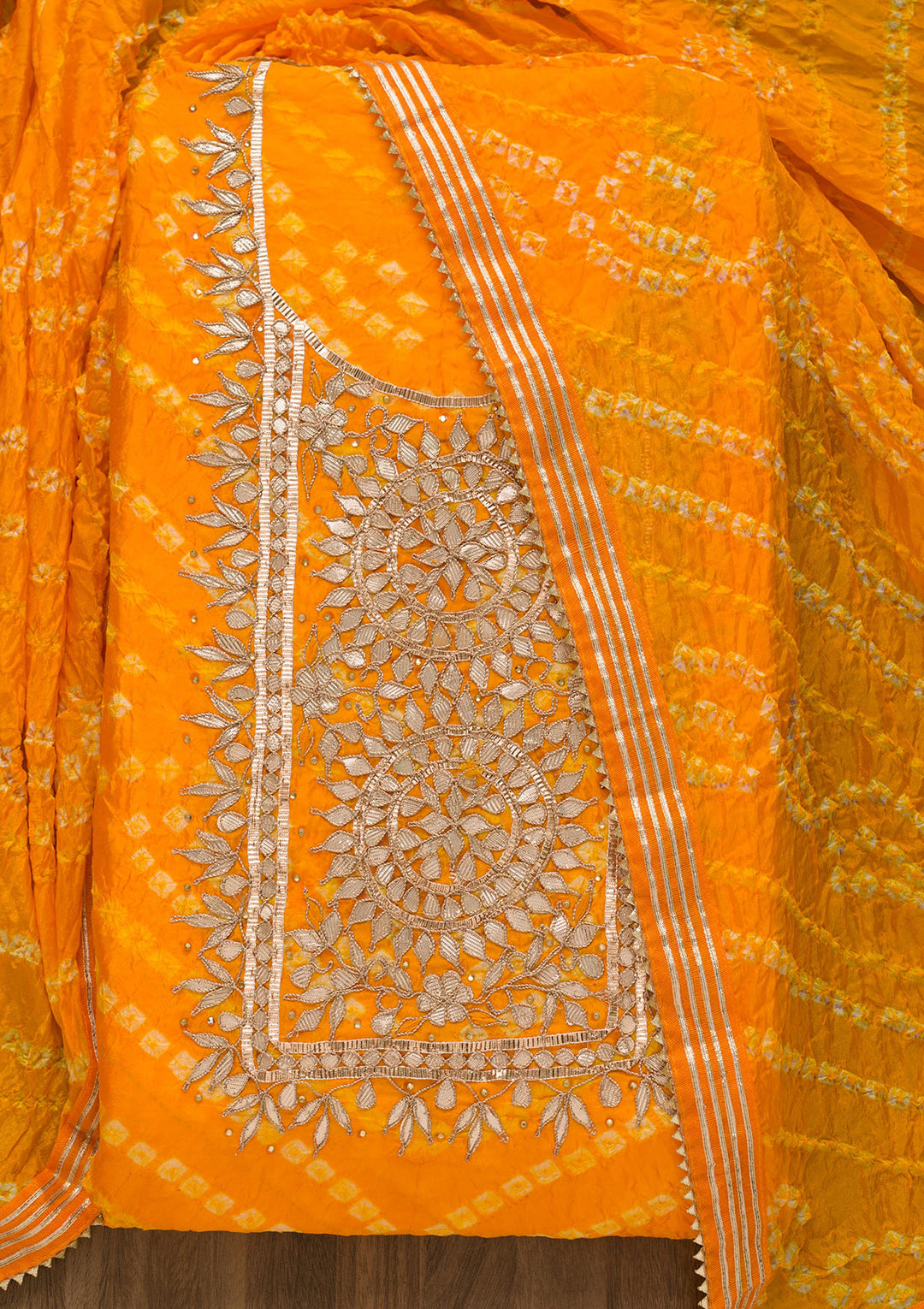 Yellow Bandhani Georgette Unstitched Salwar Suit-Koskii