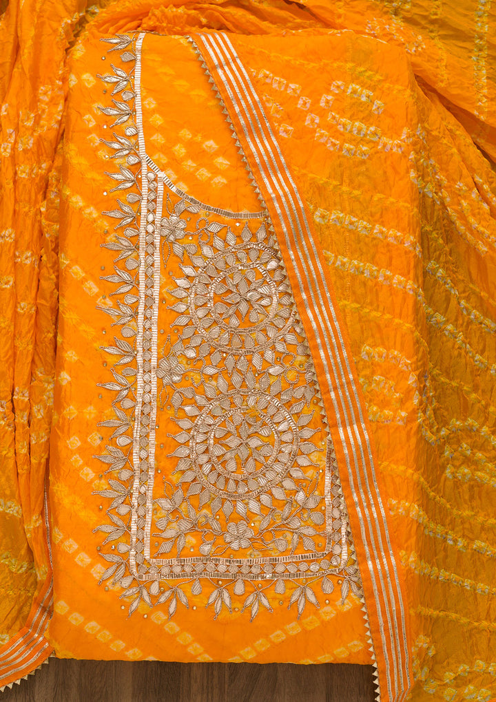 Yellow Bandhani Georgette Unstitched Salwar Suit-Koskii