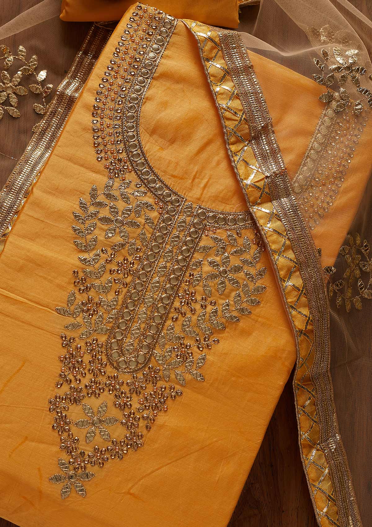 Yellow Gotapatti Chanderi Designer Unstitched Salwar Suit - koskii