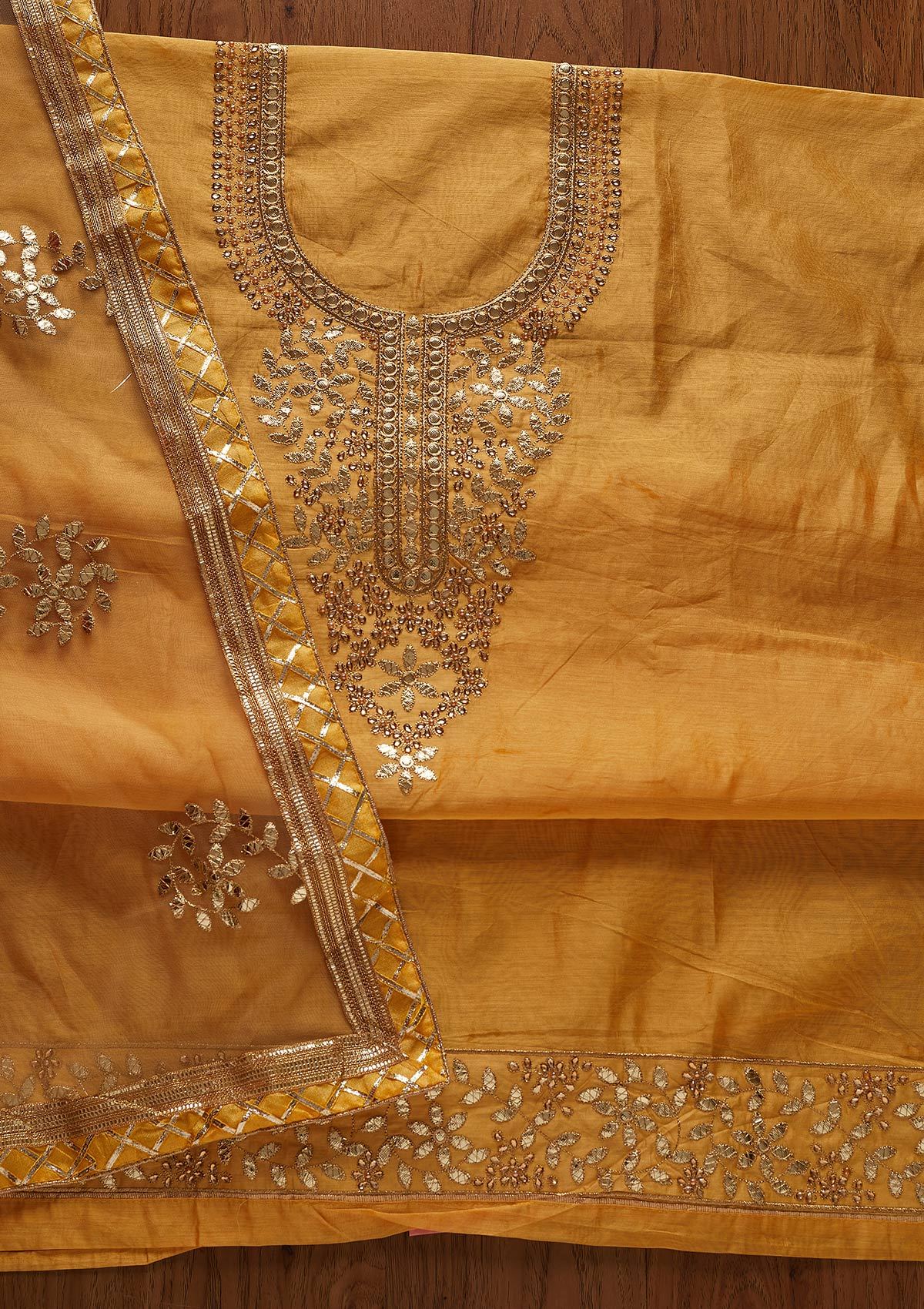Yellow Gotapatti Chanderi Designer Unstitched Salwar Suit - koskii