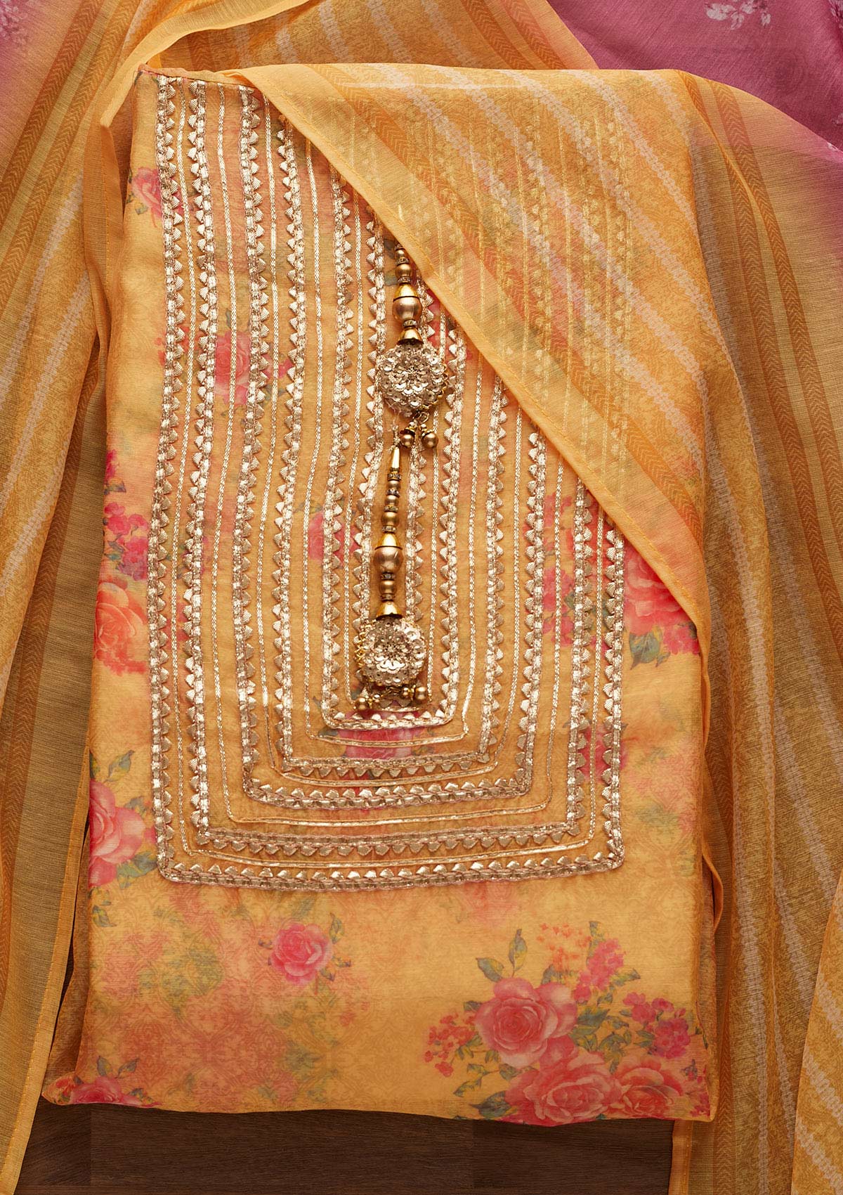 Yellow Gotapatti Chanderi Designer Unstitched Salwar Suit - Koskii