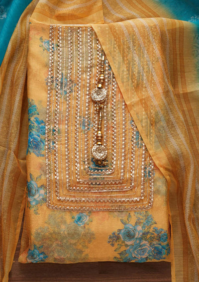 Yellow Gotapatti Chanderi Designer Unstitched Salwar Suit - Koskii