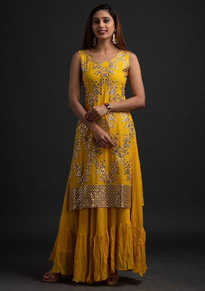 Yellow Gotapatti Georgette Designer Gown - koskii