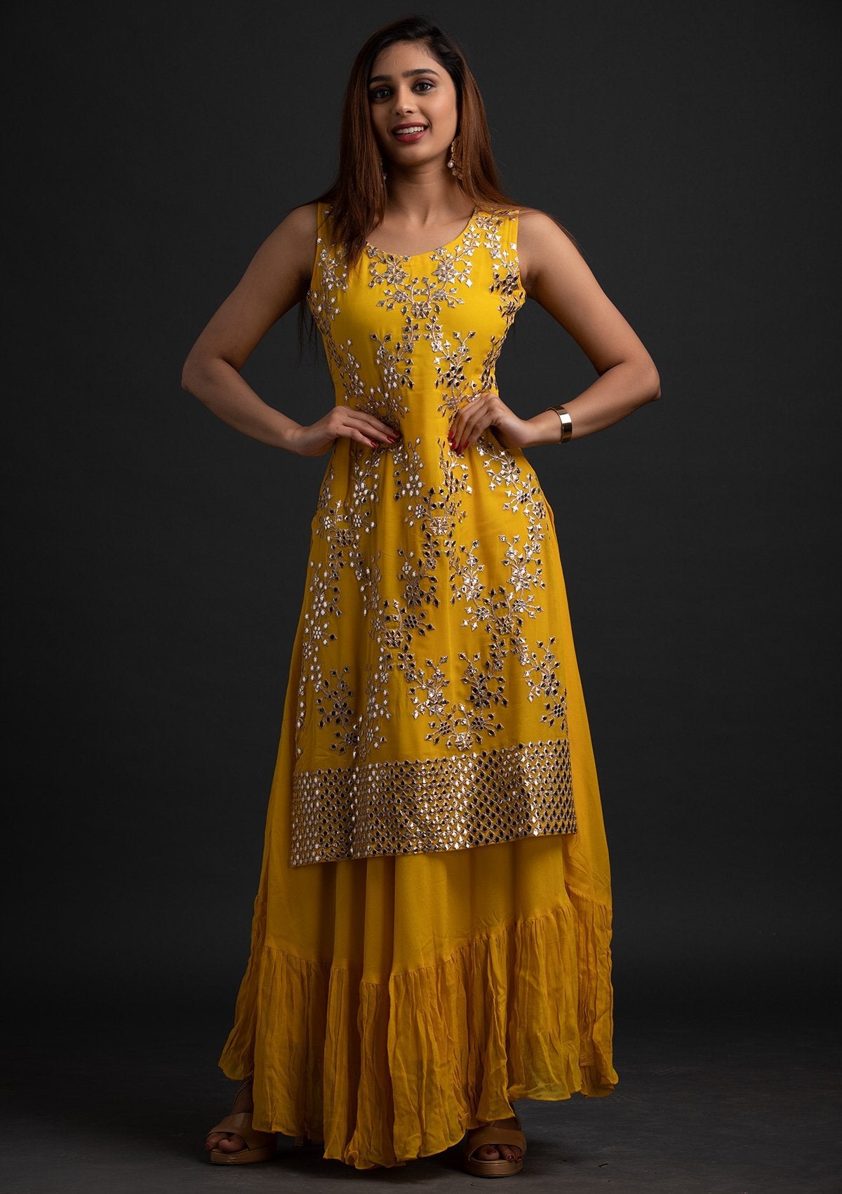 Yellow Gotapatti Georgette Designer Gown - koskii