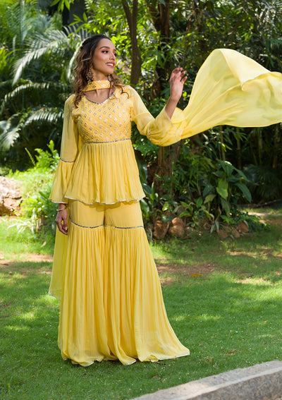 Yellow Peplum sharara Suit with Cotton Bottom and Chiffon Dupatta