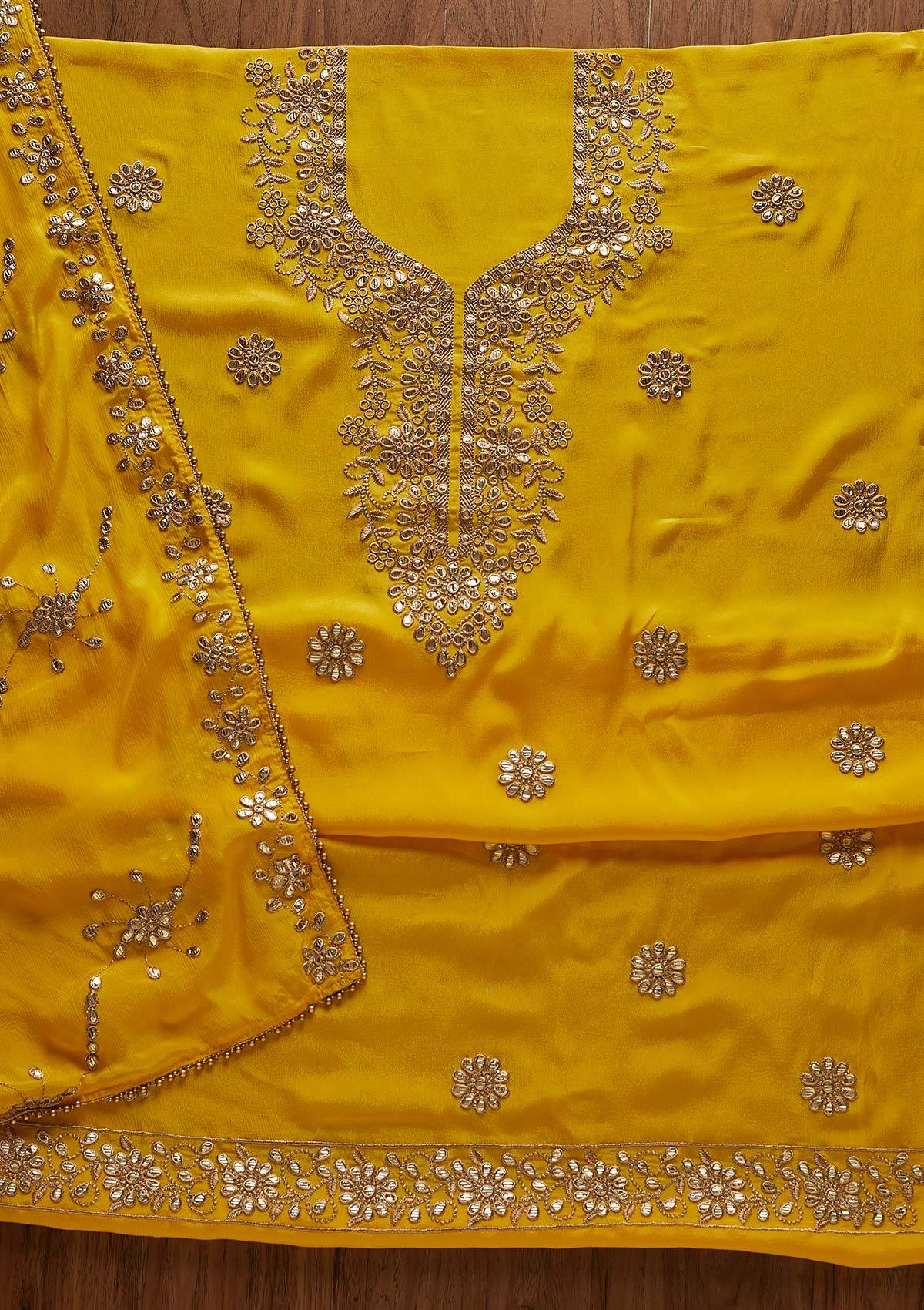 Yellow Gotapatti Georgette Designer Unstitched Salwar Suit - Koskii