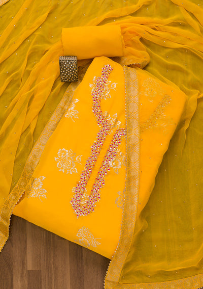 Yellow Gotapatti Organza Unstitched Salwar Suit-Koskii