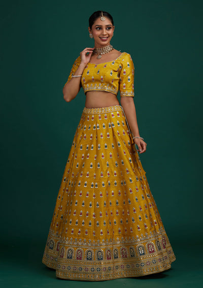 Yellow Gotapatti Raw Silk Designer Semi-Stitched Lehenga - Koskii