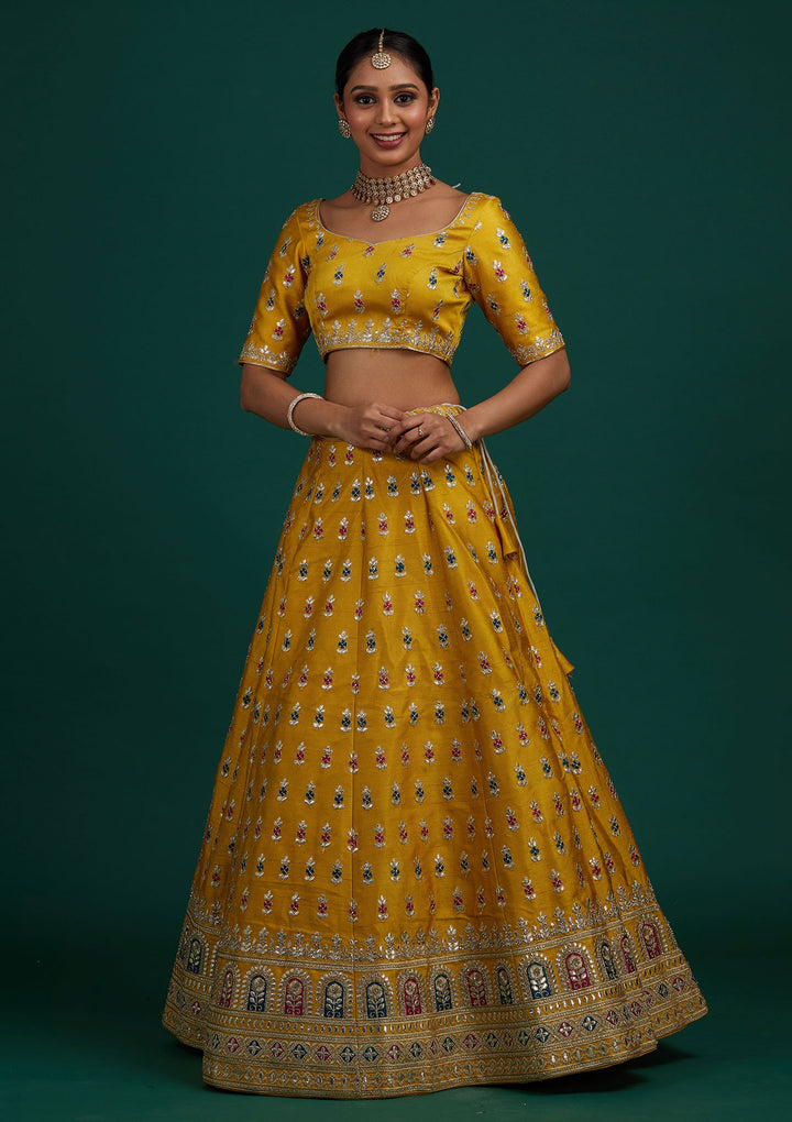 Yellow Gotapatti Raw Silk Designer Semi-Stitched Lehenga - Koskii