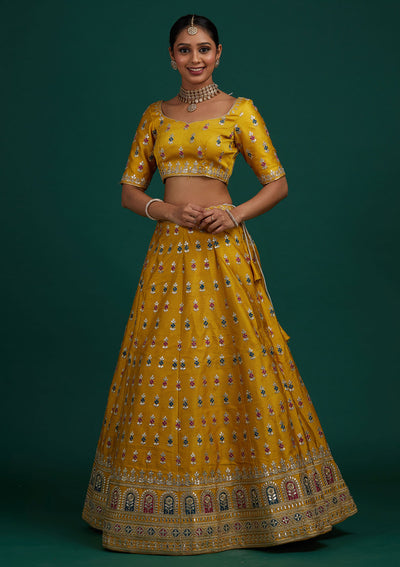 Yellow Gotapatti Raw Silk Designer Semi-Stitched Lehenga - Koskii