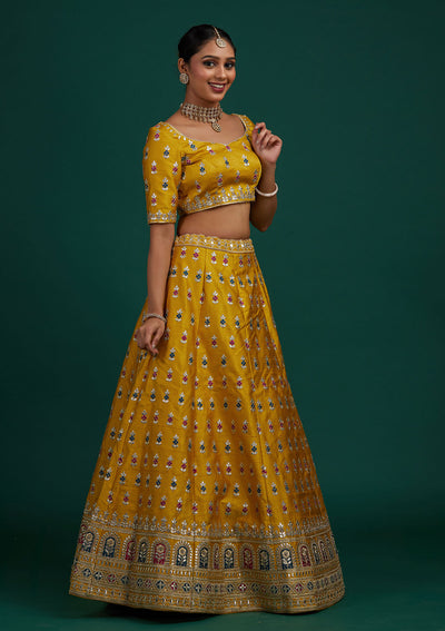 Yellow Gotapatti Raw Silk Designer Semi-Stitched Lehenga - Koskii