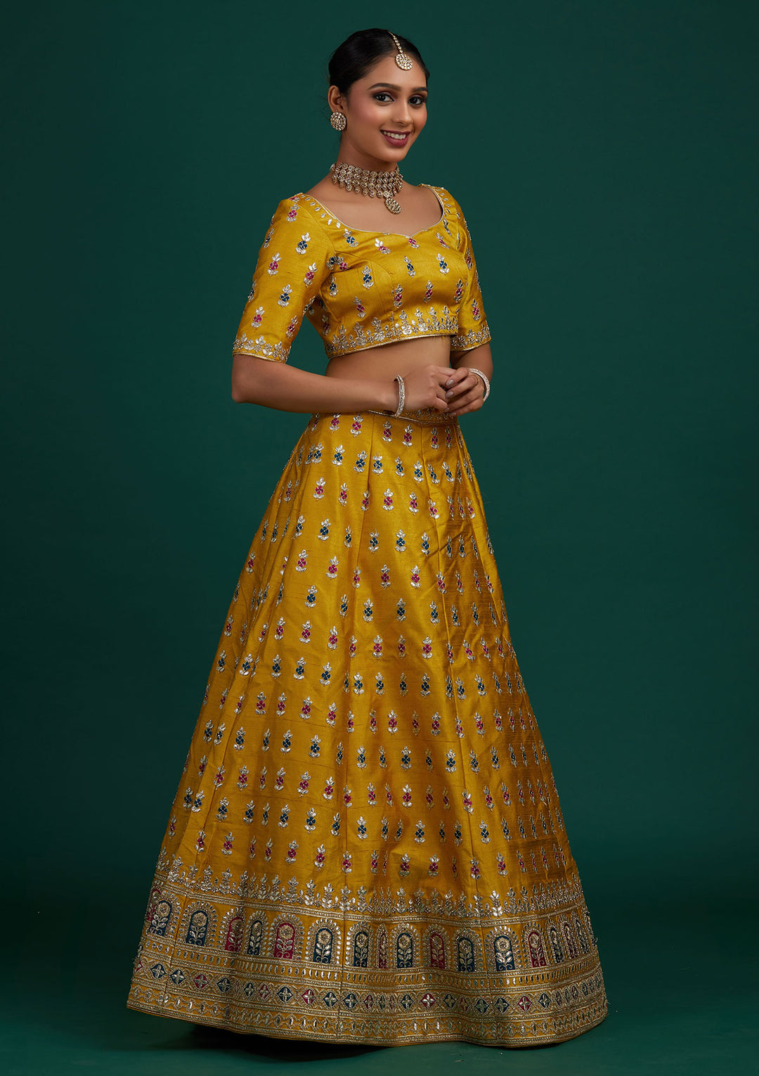 Yellow Gotapatti Raw Silk Designer Semi-Stitched Lehenga - Koskii