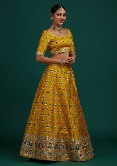 Yellow Gotapatti Raw Silk Designer Semi-Stitched Lehenga - Koskii