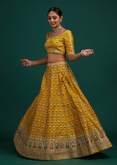 Yellow Gotapatti Raw Silk Designer Semi-Stitched Lehenga - Koskii