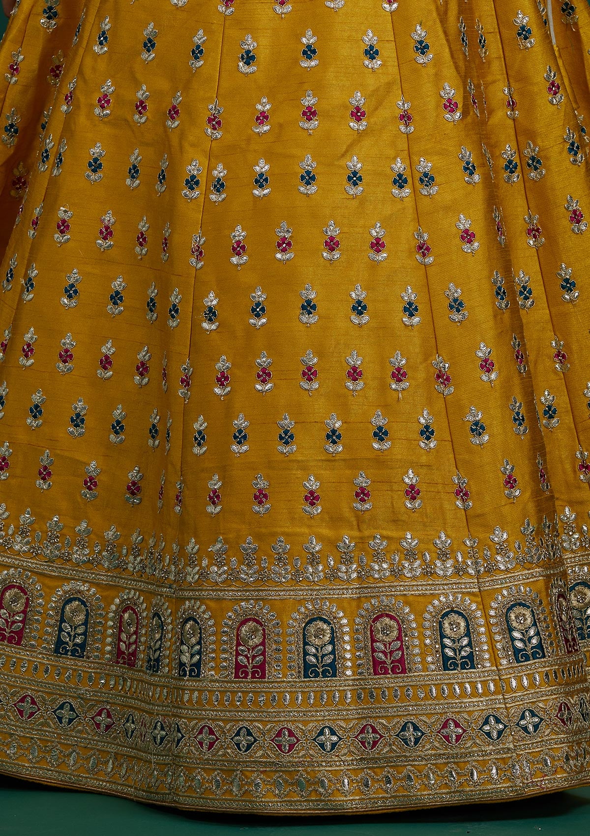 Yellow Gotapatti Raw Silk Designer Semi-Stitched Lehenga - Koskii