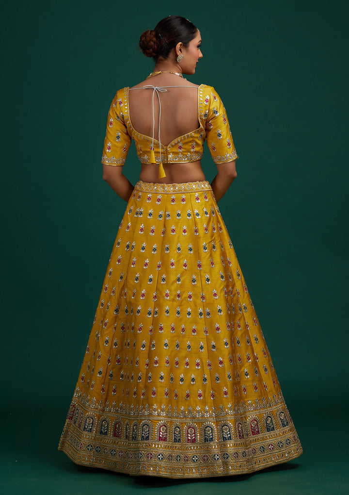 Yellow Gotapatti Raw Silk Designer Semi-Stitched Lehenga - Koskii