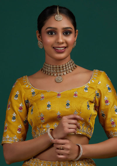 Yellow Gotapatti Raw Silk Designer Semi-Stitched Lehenga - Koskii
