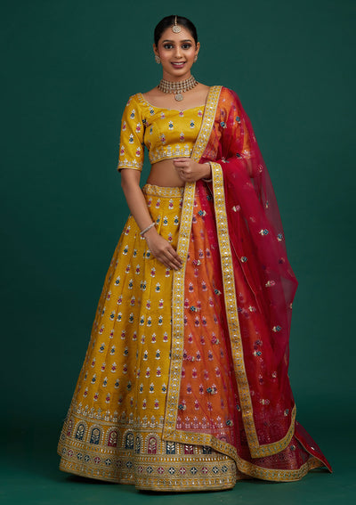Yellow Gotapatti Raw Silk Designer Semi-Stitched Lehenga - Koskii