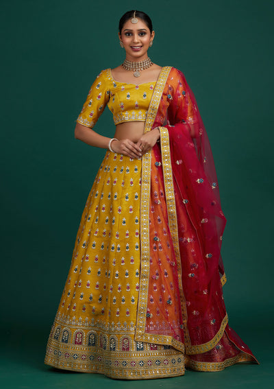 Yellow Gotapatti Raw Silk Designer Semi-Stitched Lehenga - Koskii