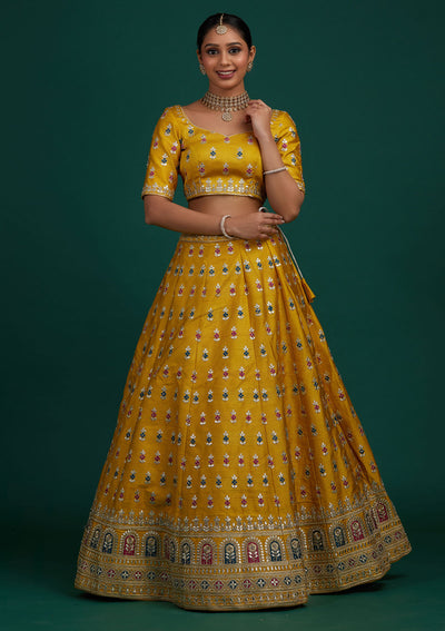 Yellow Gotapatti Raw Silk Designer Semi-Stitched Lehenga - Koskii