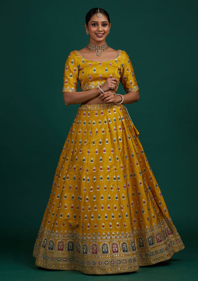 Yellow Gotapatti Raw Silk Designer Semi-Stitched Lehenga - Koskii