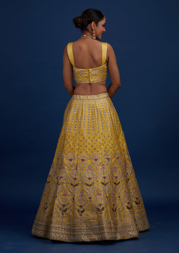 Yellow Gotapatti Raw Silk Designer Semi-Stitched Lehenga - Koskii