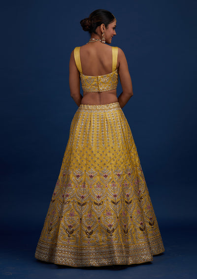 Yellow Gotapatti Raw Silk Designer Semi-Stitched Lehenga - Koskii