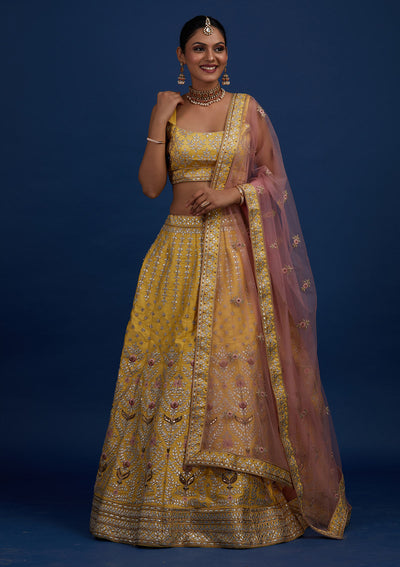 Yellow Gotapatti Raw Silk Designer Semi-Stitched Lehenga - Koskii