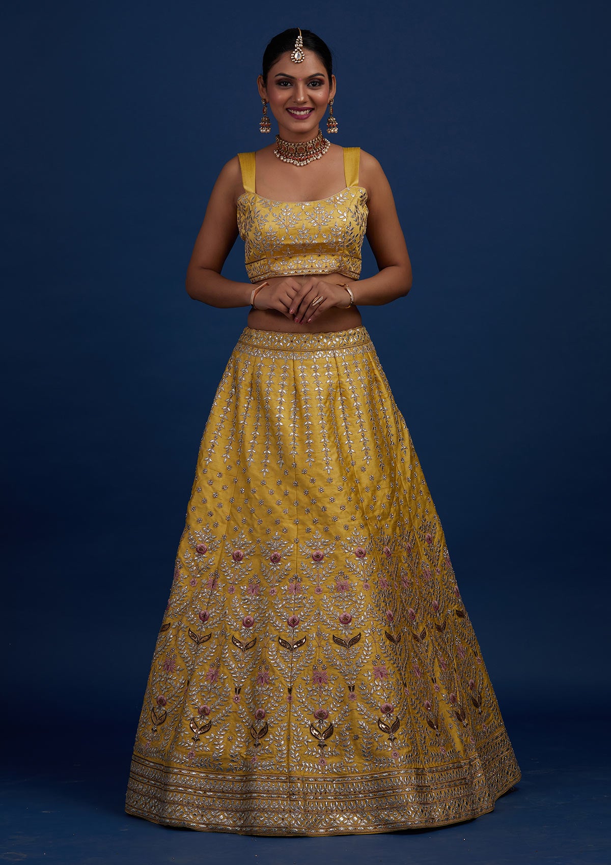 Yellow Gotapatti Raw Silk Designer Semi-Stitched Lehenga - Koskii