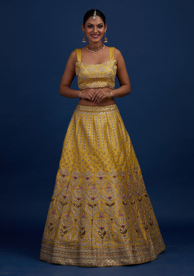 Yellow Gotapatti Raw Silk Designer Semi-Stitched Lehenga - Koskii