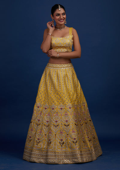Yellow Gotapatti Raw Silk Designer Semi-Stitched Lehenga - Koskii