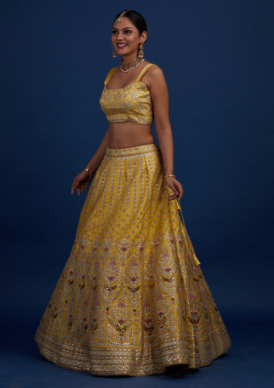 Yellow Gotapatti Raw Silk Designer Semi-Stitched Lehenga - Koskii