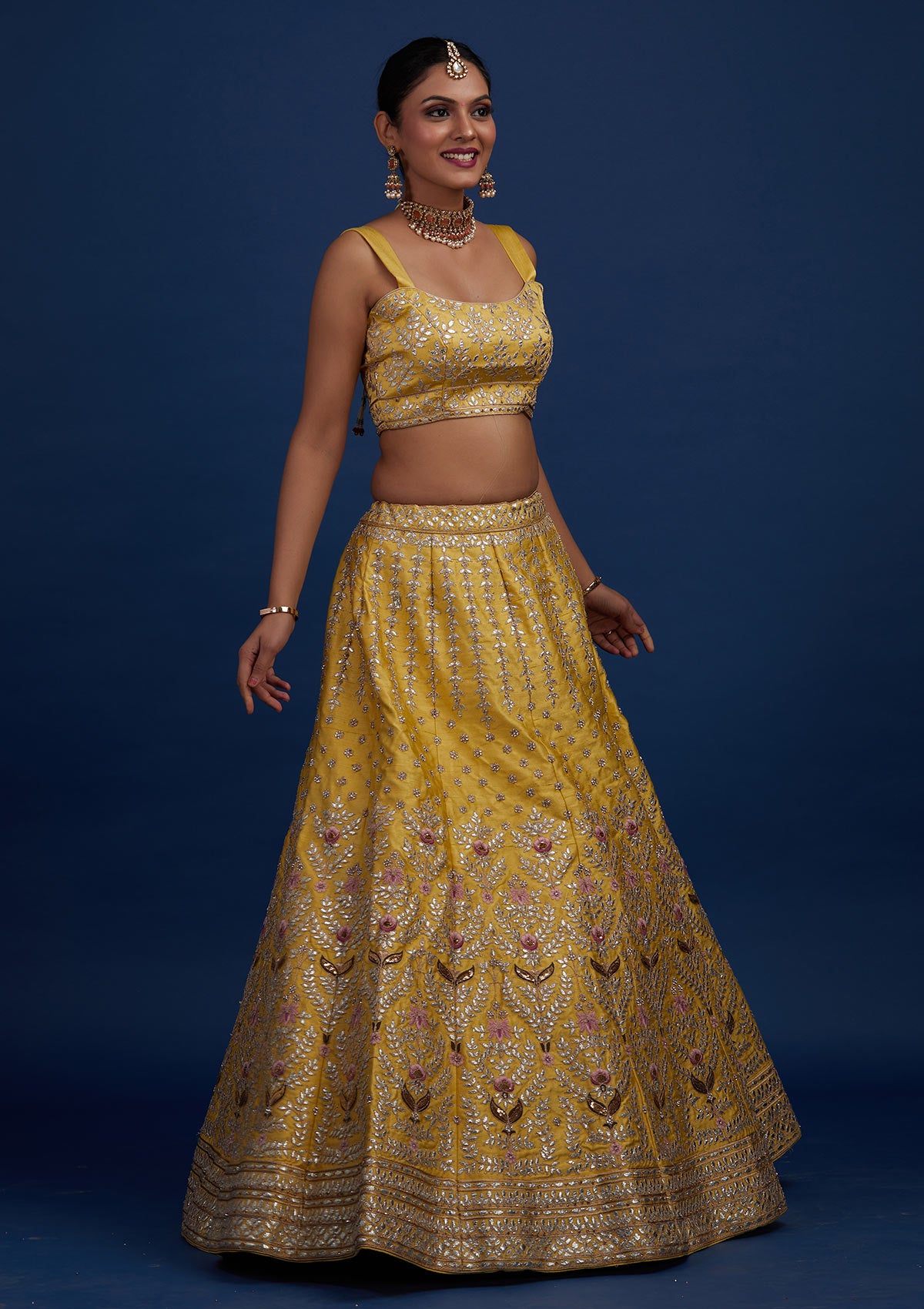 Yellow Gotapatti Raw Silk Designer Semi-Stitched Lehenga - Koskii