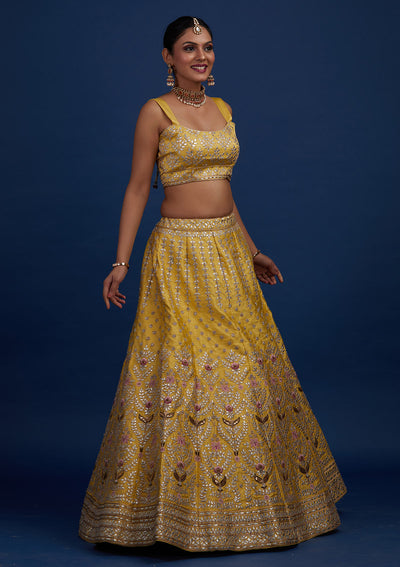 Yellow Gotapatti Raw Silk Designer Semi-Stitched Lehenga - Koskii