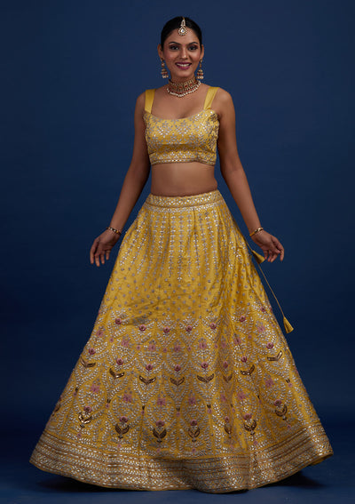 Yellow Gotapatti Raw Silk Designer Semi-Stitched Lehenga - Koskii