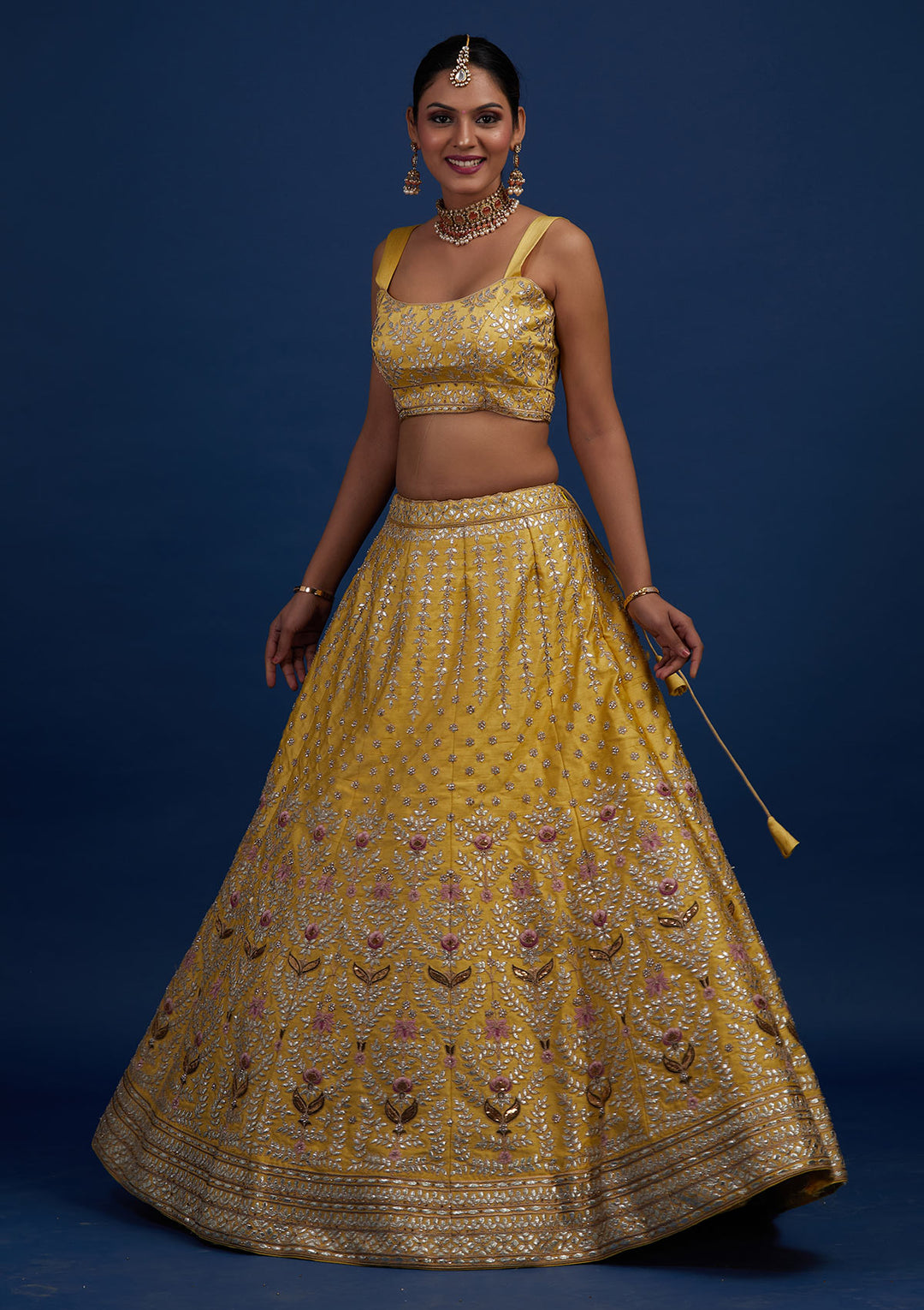 Yellow Gotapatti Raw Silk Designer Semi-Stitched Lehenga - Koskii