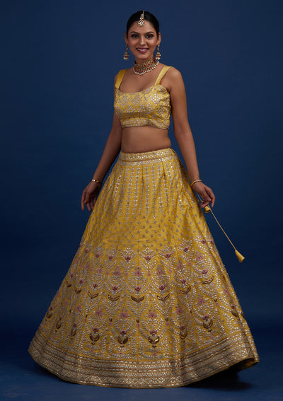 Yellow Gotapatti Raw Silk Designer Semi-Stitched Lehenga - Koskii