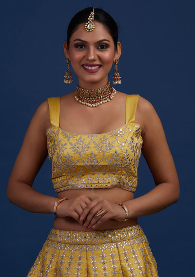 Yellow Gotapatti Raw Silk Designer Semi-Stitched Lehenga - Koskii