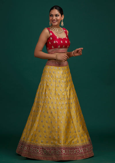 Yellow Gotapatti Raw Silk Designer Semi-Stitched Lehenga - Koskii