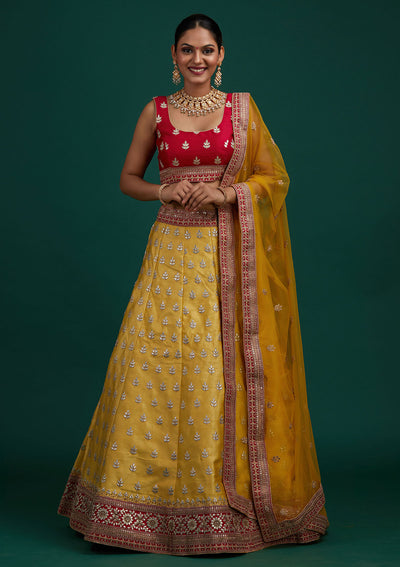 Yellow Gotapatti Raw Silk Designer Semi-Stitched Lehenga - Koskii