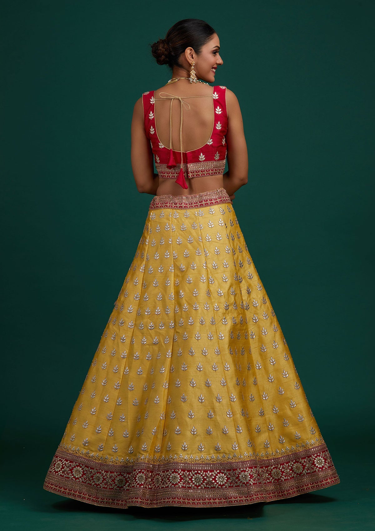 Yellow Gotapatti Raw Silk Designer Semi-Stitched Lehenga - Koskii